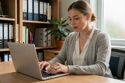 Femme consultant un livret de suivi de stage en ligne sur un portail Moodle GRETA depuis son bureau à domicile