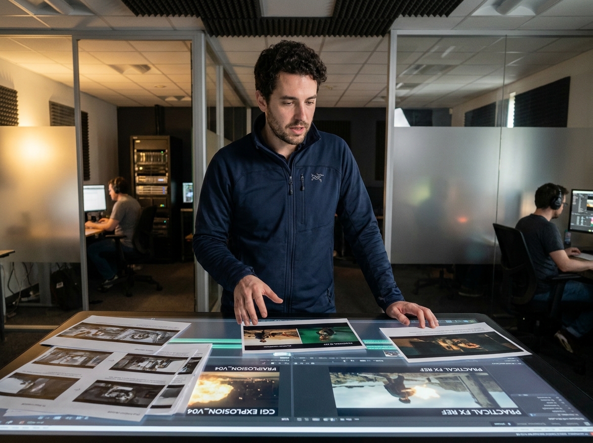 Superviseur d'effets spéciaux comparant des références VFX et animation CGI sur une table de travail en studio de post-production