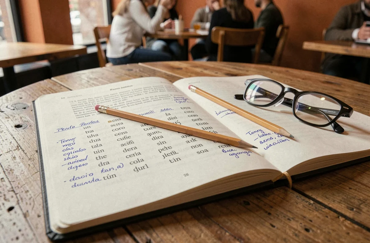Gros plan d'un tableau de conjugaison du passé simple du verbe tener en espagnol dans un cahier annoté