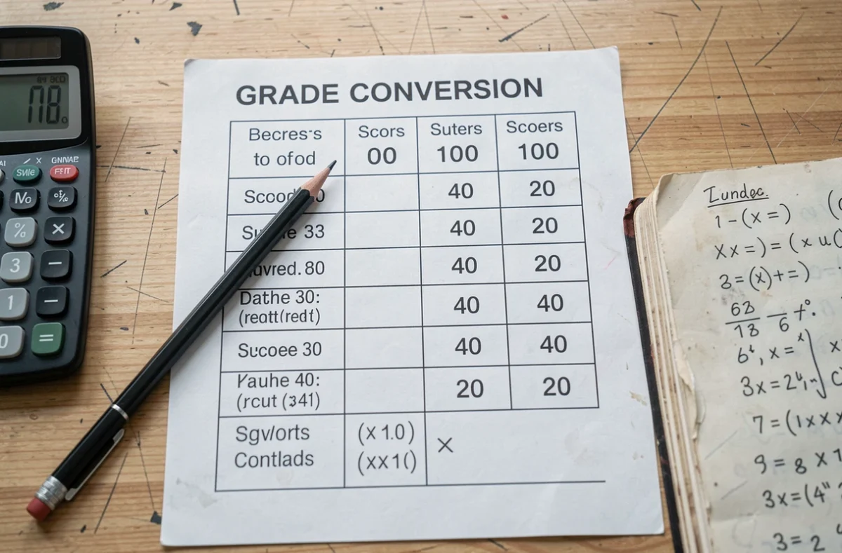 Vue de dessus d'une table avec tableau de conversion de notes sur 10, 40 et 100 vers une note sur 20