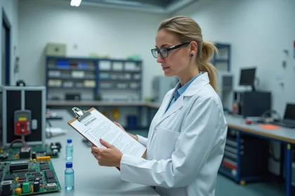 Technicienne examinant une checklist de procédures de test en laboratoire électronique