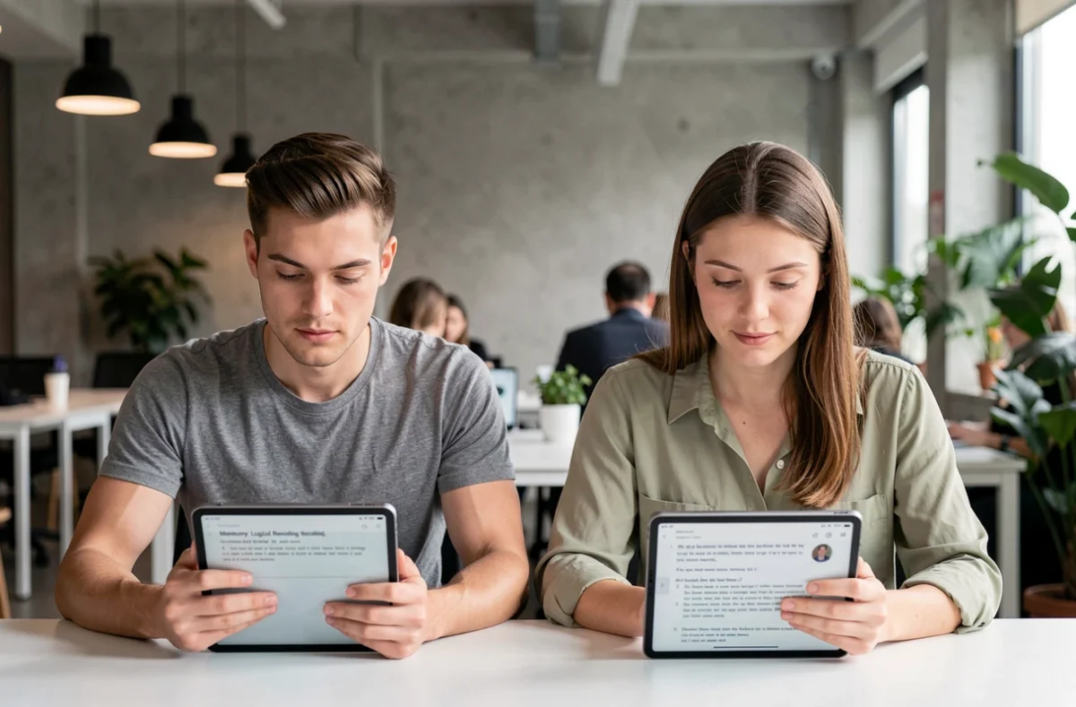 Deux jeunes adultes passant un test de QI sur tablette dans un espace de coworking