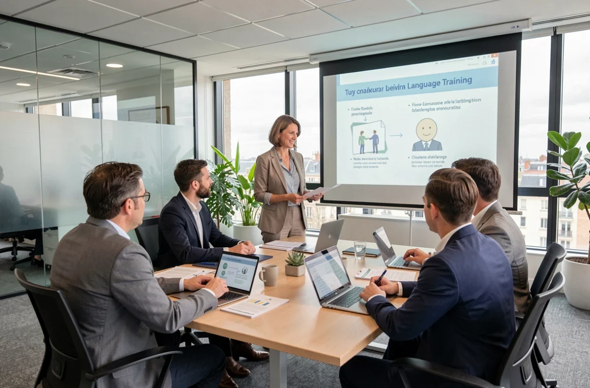Formatrice linguistique animant une session de formation en entreprise dans un bureau moderne à Nantes pour TNA Formations