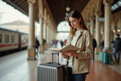 Jeune femme étudiant le verbe partir dans un carnet à la gare, prête à prendre le train
