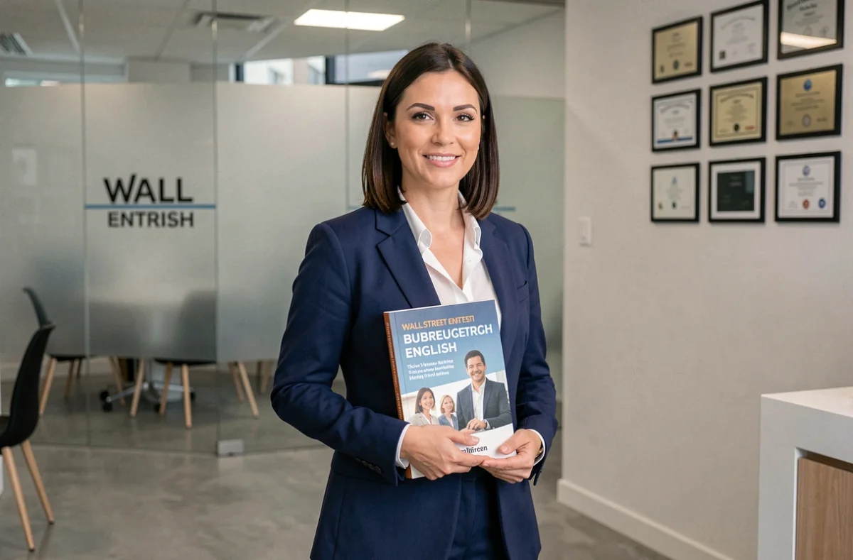 Femme professionnelle tenant un manuel d'anglais des affaires dans un centre Wall Street English moderne à Nantes